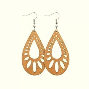 Laser Cut Open Large Petal Teardrop Wood Wooden Drop Earrings